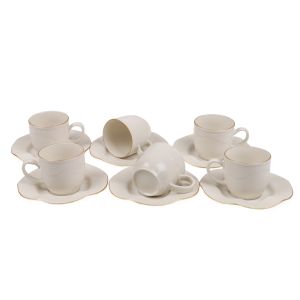 Lot de 6 tasses de café avec sous-tasses Campari 100% Porcelaine Blanc crème bordure pliée avec écaille lisère Or