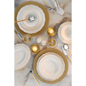 Service de table 58 pièces Lakine 100% Porcelaine Blanc et liseré Or