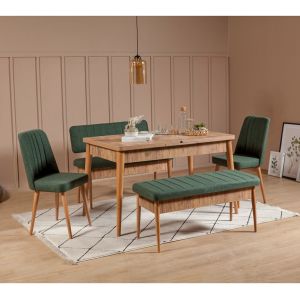 Set table extensible, 2 chaises, banc et banquette Malva Bois clair et Tissu Vert