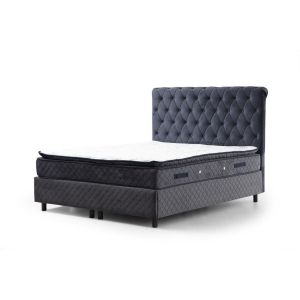 Lit double Gauto Velours Anthracite avec matelas 140x200cm Waterproof à ressort ensachés et surmatelas mousse intégré