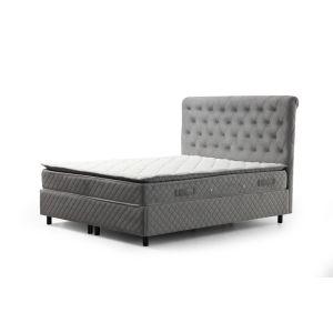 Lit double Gauto Velours Gris avec matelas 140x200cm Waterproof à ressort ensachés et surmatelas mousse intégré