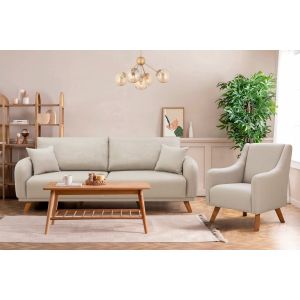 Ensemble canapé 3 places convertible avec rangement et fauteuil Occimis Tissu Blanc crème