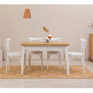 Ensemble 4 chaises Blanc et 1 table extensible Iridus Blanc et Bois clair