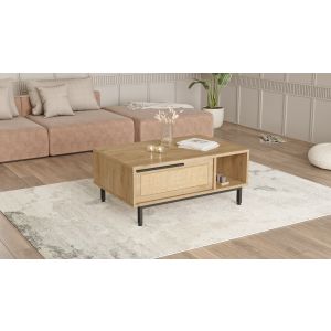 Table basse avec rangement Evelis L90cm Bois et Rotin clair