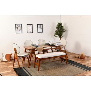 Ensemble salle à manger 6 pièces Delima Bois massif foncé et Cuir Blanc crème