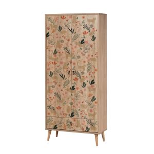 Armoire 2 portes et 1 tiroir pour enfant Pertha L80cm Bois Motif Chats Beige et feuilles Vert et Orange