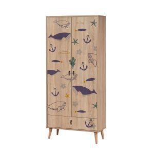 Armoire 2 portes et 1 tiroir pour enfant Pertha L80cm Bois Motif Baleine Bleu