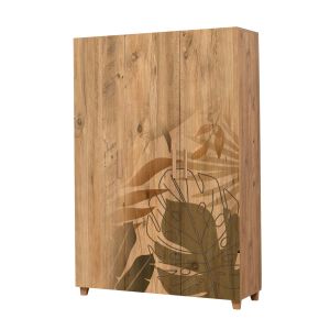 Armoire 3 portes Perth L120cm Bois clair Motif Feuilles tropicaux Marron et Gris