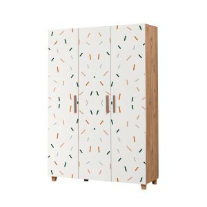 Armoire 3 portes pour enfant Perth L120cm Bois Blanc Motif ligne Orange, Bleu et Gris