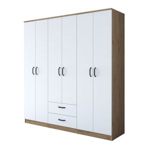 Armoire 4 portes et 2 tiroirs Colibris 180cm Bois clair et Blanc