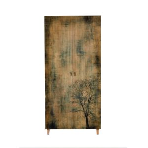 Armoire penderie 2 portes Infigo 90cm Bois Naturel Motif Arbre effeuillé Noir