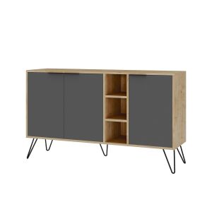 Buffet bas 3 portes et 3 étagères Ginda 142cm Bois Anthracite et Moka et Métal Noir