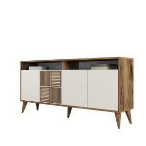 Buffet bas 4 portes et 2 tiroirs Kaltes L160cm Bois et Blanc crème
