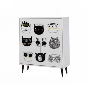 Buffet Stily L95cm Blanc Motif Portait de chats Noir et Jaune