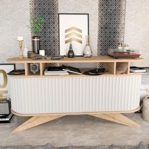 Console avec portes coulissantes Jayson L150xH75cm Chêne clair et Blanc