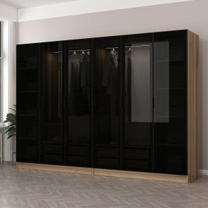 Dressing 4 tiroirs et 10 étagères Antipaxos L270xH210cm Bois clair et Verre fumé Noir