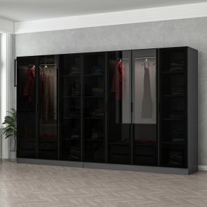 Dressing 4 tiroirs et 15 étagères Antipaxos L315xH210cm Bois Anthracite et Verre fumé Noir