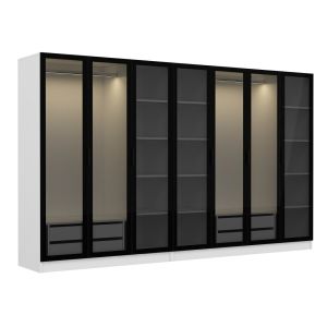 Dressing 4 tiroirs et 15 étagères Antipaxos L315xH210cm Bois Blanc et Verre fumé Noir