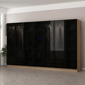 Dressing 4 tiroirs et 15 étagères Antipaxos L315xH210cm Bois clair et Verre fumé Noir