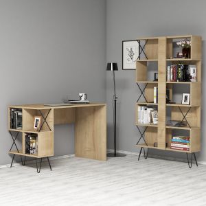 Ensemble bureau bibliothèque style industriel Officima Bois Chêne clair