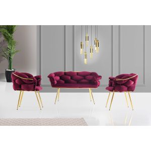 Ensemble canapé 2 places et 2 fauteuils Krogh Métal Or et Velours Bordeaux