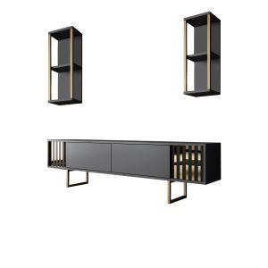 Ensemble meuble TV avec 2 étagères Manaslu Métal Or et Bois Anthracite