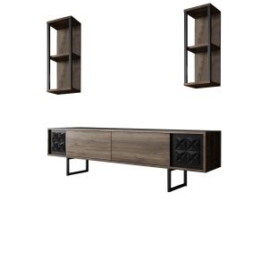 Ensemble meuble TV et étagère murale Gila Noir et Bois foncé