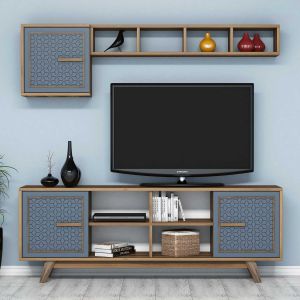 Ensemble meuble Tv et étagère murale Wavo Bois foncé Motif géométrique Bleu