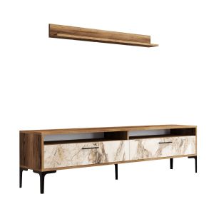 Ensembles meuble TV et étagère murale Varnus Bois Naturel et Effet marbre Blanc et Métal Noir