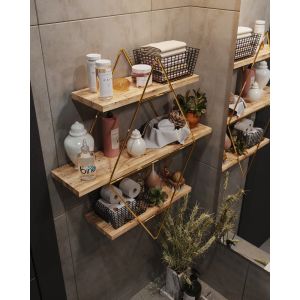 Étagère murale 3 tablettes Laudatura L70xH60cm Bois massif Naturel et Métal Noir