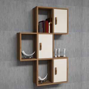 Étagère murale asymétrique 3 portes Pluteo L75xH112,6cm Bois et Blanc crème