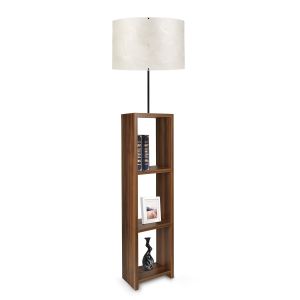 Lampadaire combiné 3 étagères Taura Tissu effet Circulaire Ecru et Bois Marron