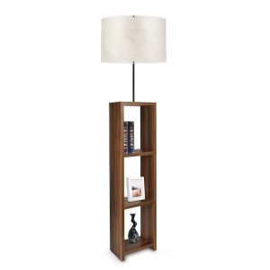 Lampadaire combiné 3 étagères Toki Tissu Motif Circulaire Ecru et Métal Bois