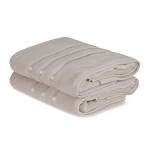 Lot de 2 serviettes de bain trois liteaux texture pelucheuse Vitta 70x140cm 100% Coton Grège