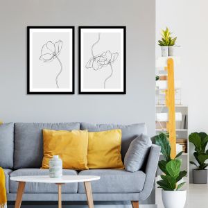 Lot de 2 tableaux encadrée en Noir Pictor L74xH51cm Motif Dessin fleur de violette Noir et Blanc