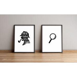 Lot de 2 tableaux Sherlock Holmes L51xH74cm Motif Citation et loupe Noir et blanc