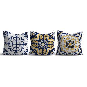 Lot de 3 coussins Mok 43x43cm Tissu Motif Victorien Bleu, Blanc et Jaune