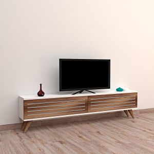 Meuble TV 160cm moulures horizontales Tacott Bois et Blanc