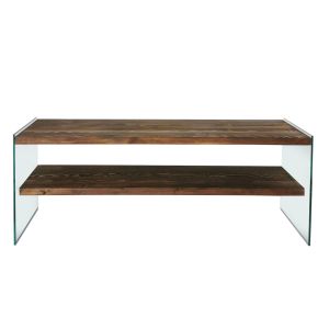 Meuble TV 2 tablettes Doris L120cm Bois massif et Verre trempé Transparent