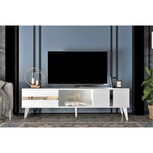 Meuble TV design Vanda L150cm Blanc et Bond Or