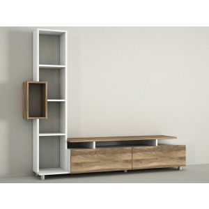 Meuble TV et étagère Vitally 160cm Bois Naturel et Blanc