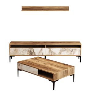 Meuble TV moderne 180cm avec table basse et étagère Varnus Bois et Effet marbre Blanc