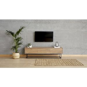 Meuble TV 3 tiroirs Buxida 180cm Bois Naturel et Métal Noir
