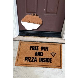 Paillasson Lagon 40x60cm Fibre de coco Naturel Motif "Free WIFI and pizza inside" Noir