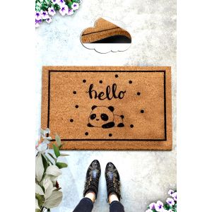 Paillasson Lagon 40x60cm Fibre de coco Naturel Motif "Hello" panda Noir
