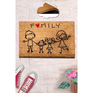 Paillasson Lagon 40x60cm Fibre de coco Naturel Motif "Family" Noir et cœur Rouge