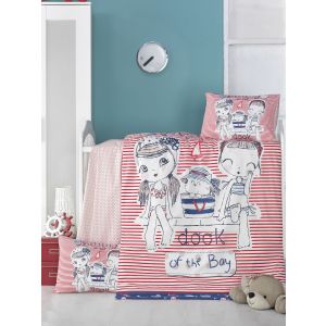 Parure de lit bébé 4 pièces Eget 100% Coton Renforcé Motif marinière deux fillettes Multicolore