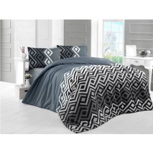 Parure de lit double 4 pièces Agha Tissu Motif Géométrique Gris, Blanc et Noir
