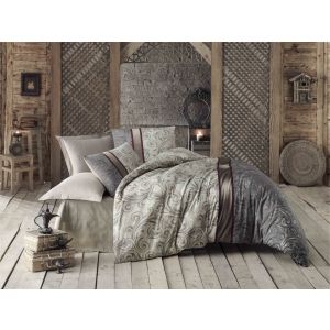 Parure de lit double 4 pièces Alda Tissu Motif Arabesques enrubanné Beige et Gris