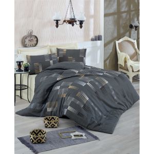 Parure de lit double 4 pièces Willis Tissu Motif Rayures Anthracite, Blanc et Or